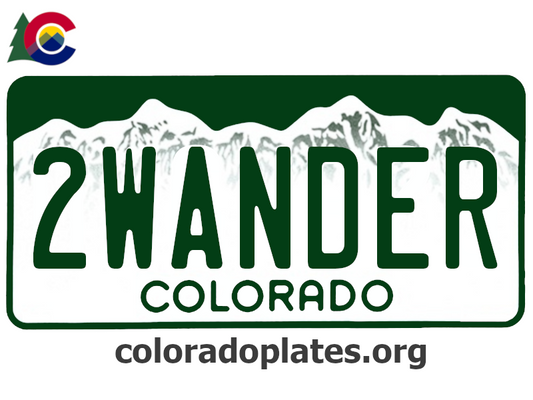Colorado license plate with the text 2WANDER along with the Colorado state logo and coloradoplates.org