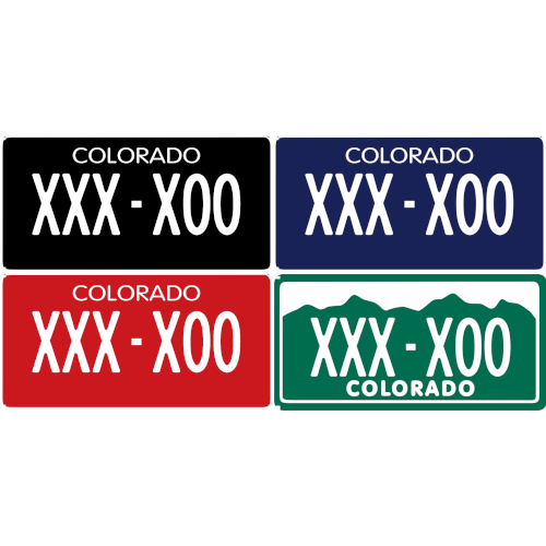 Four Colorado license plates with the configuration XXX-X00 in white on black, blue, red, and green backgrounds.