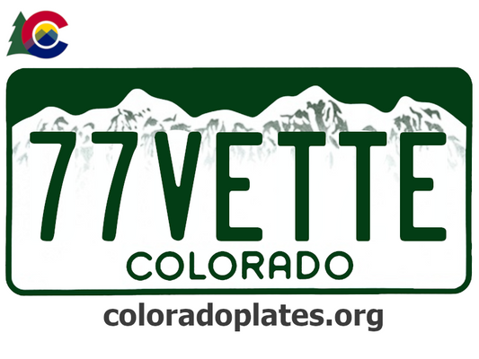 Colorado license plate with the text 77VETTE along with the Colorado state logo and coloradoplates.org