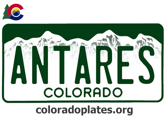 Colorado license plate with the text ANTARES along with the Colorado state logo and coloradoplates.org