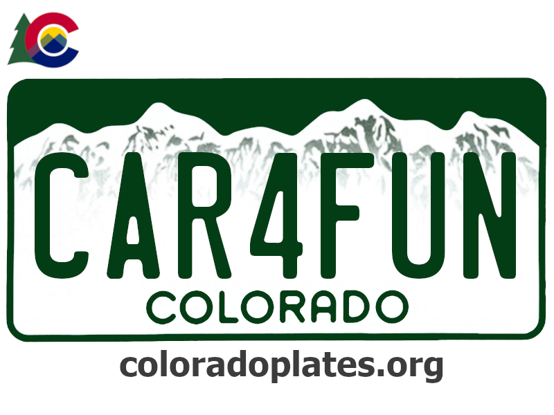 Colorado license plate with CAR4FUN on it, the state logo is above the plate and the text coloradoplates.org is below.