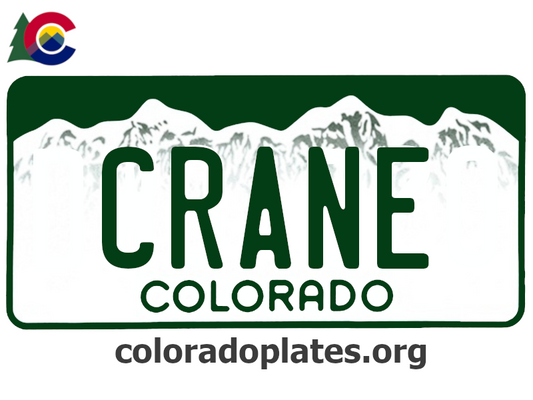 Colorado license plate with the text CRANE along with the Colorado state logo and coloradoplates.org