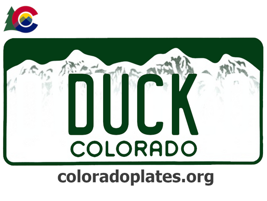 Colorado license plate with the text DUCK along with the Colorado state logo and coloradoplates.org