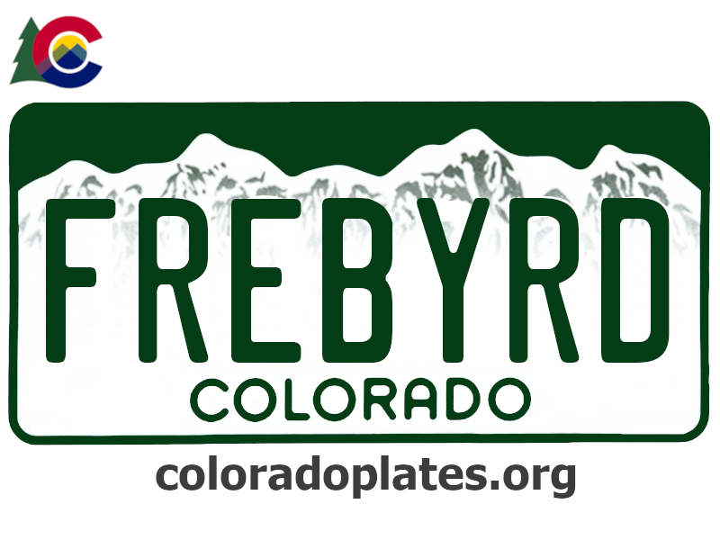 Colorado license plate with the text FREBYRD along with the Colorado state logo and coloradoplates.org