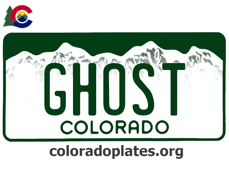 Colorado license plate with GHOST on it, the state logo is above the plate and the text coloradoplates.org is below.