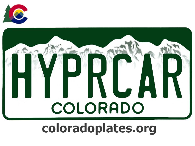 Colorado license plate with HYPRCAR on it, the state logo is above the plate and the text coloradoplates.org is below.