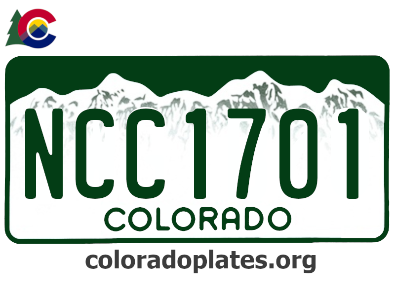 Colorado license plate with NCC1701 on it, the state logo is above the plate and the text coloradoplates.org is below.
