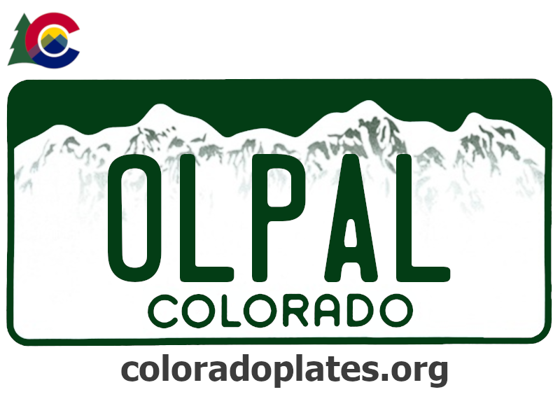 Colorado license plate with OLPAL on it, the state logo is above the plate and the text coloradoplates.org is below.