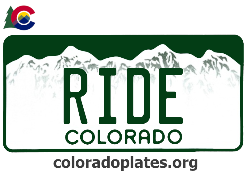 Colorado license plate with RIDE on it, the state logo is above the plate and the text coloradoplates.org is below.