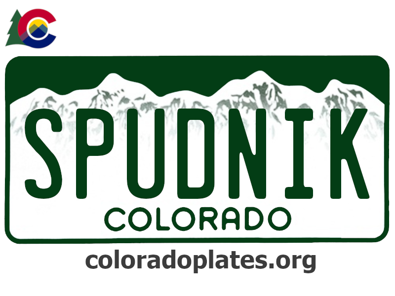 Colorado license plate with the text SPUDNIK along with the Colorado state logo and coloradoplates.org