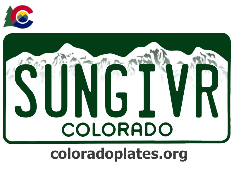 Colorado license plate with the text SUNGIVR along with the Colorado state logo and coloradoplates.org