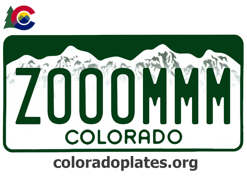 Colorado license plate with ZOOOMMM on it, the state logo is above the plate and the text coloradoplates.org is below.