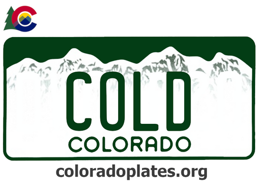 Colorado license plate with the text COLD along with the Colorado state logo and coloradoplates.org