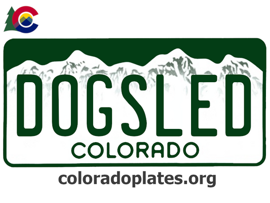 Colorado license plate with the text DOGSLED along with the Colorado state logo and coloradoplates.org