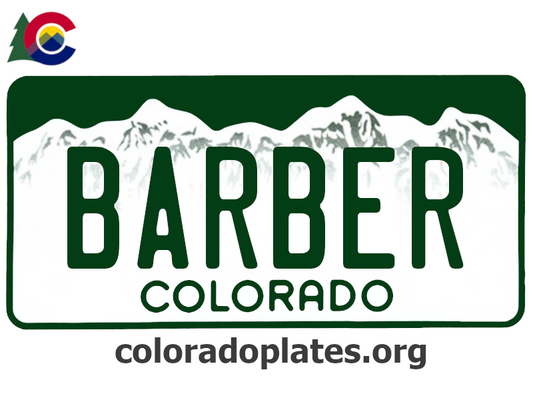 Colorado license plate with the text BARBER along with the Colorado state logo and coloradoplates.org