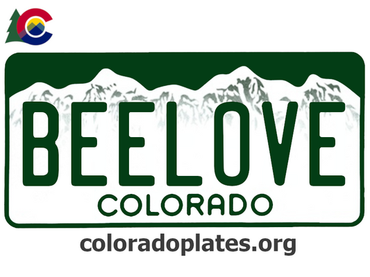 Colorado license plate with the text BEELOVE along with the Colorado state logo and coloradoplates.org