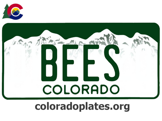 Colorado license plate with the text BEES along with the Colorado state logo and coloradoplates.org