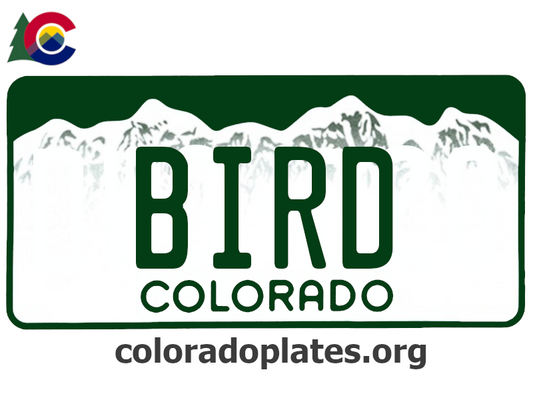 Colorado license plate with the text BIRD along with the Colorado state logo and coloradoplates.org