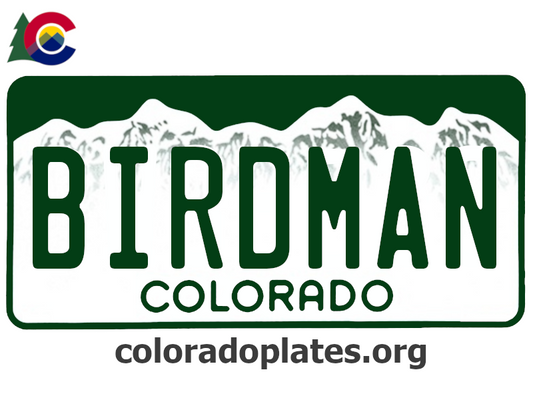Colorado license plate with the text BIRDMAN along with the Colorado state logo and coloradoplates.org