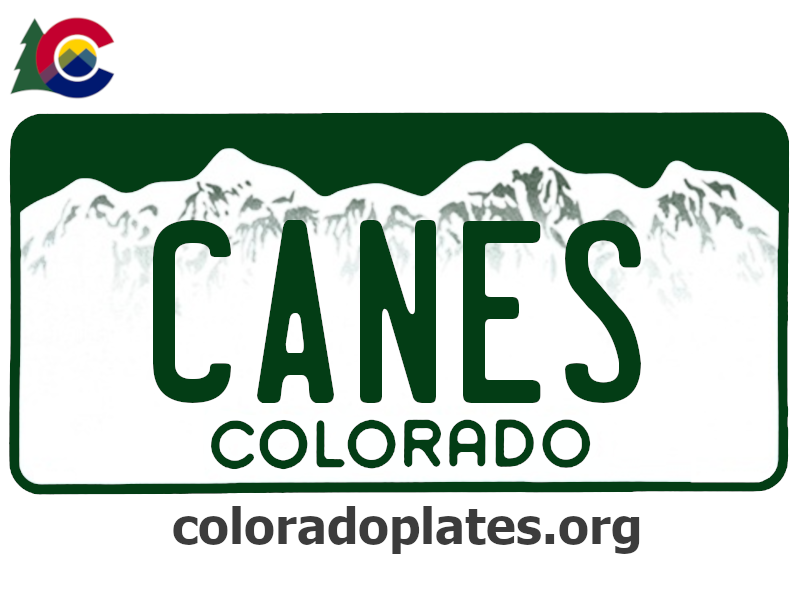 Colorado license plate with CANES on it, the state logo is above the plate and the text coloradoplates.org is below. 