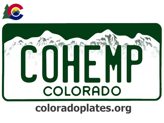 Colorado license plate with the text COHEMP along with the Colorado state logo and coloradoplates.org