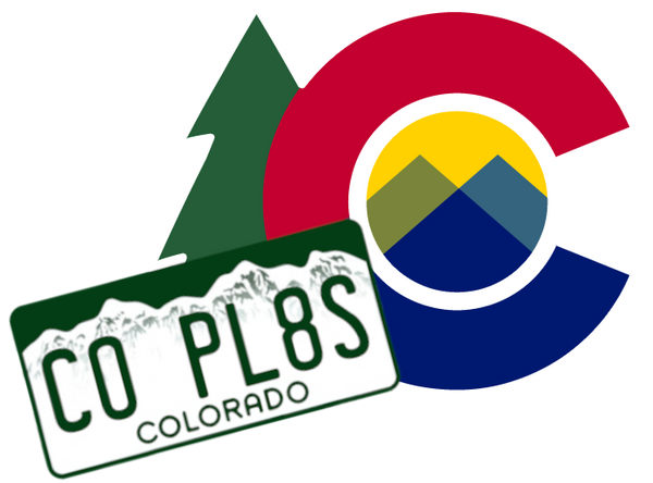 Colorado state logo with a Colorado license plate with the configuration CO PL8S
