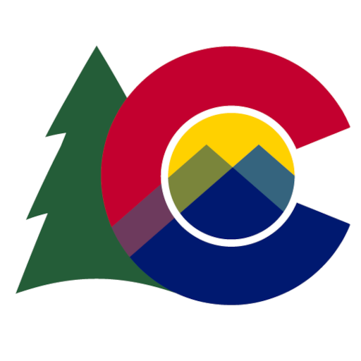 Colorado state logo, a red and blue capital C next to an evergreen tree