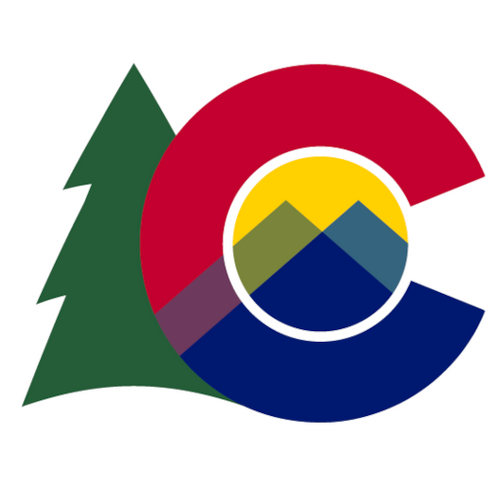 Colorado state logo, a red and blue capital C next to an evergreen tree