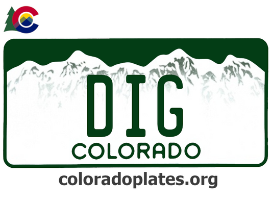 Colorado license plate with DIG on it, the state logo is above the plate and the text coloradoplates.org is below. 