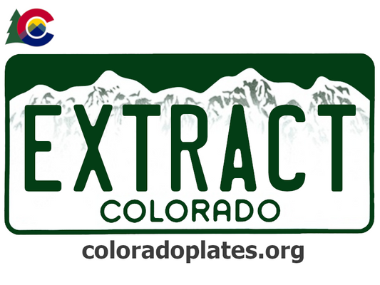 Colorado license plate with the text EXTRACT along with the Colorado state logo and coloradoplates.org