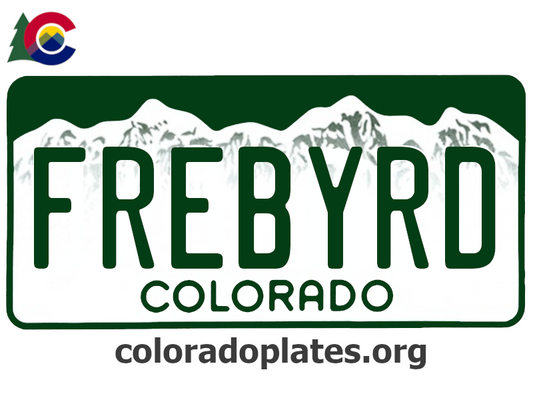 Colorado license plate with the text FREBYRD along with the Colorado state logo and coloradoplates.org