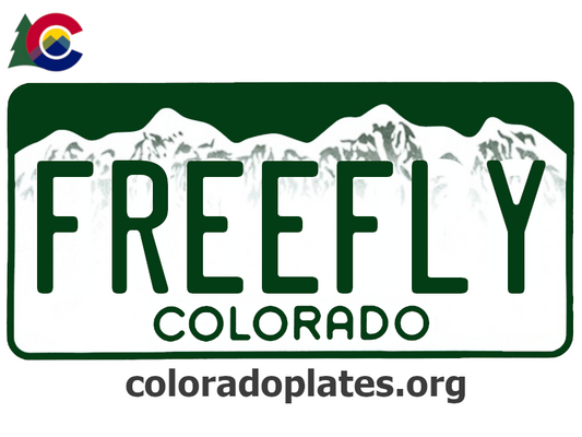 Colorado license plate with the text FREEFLY along with the Colorado state logo and coloradoplates.org