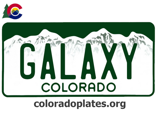 Colorado license plate with the text GALAXY along with the Colorado state logo and coloradoplates.org