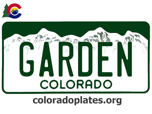 Colorado license plate with the text GARDEN along with the Colorado state logo and coloradoplates.org