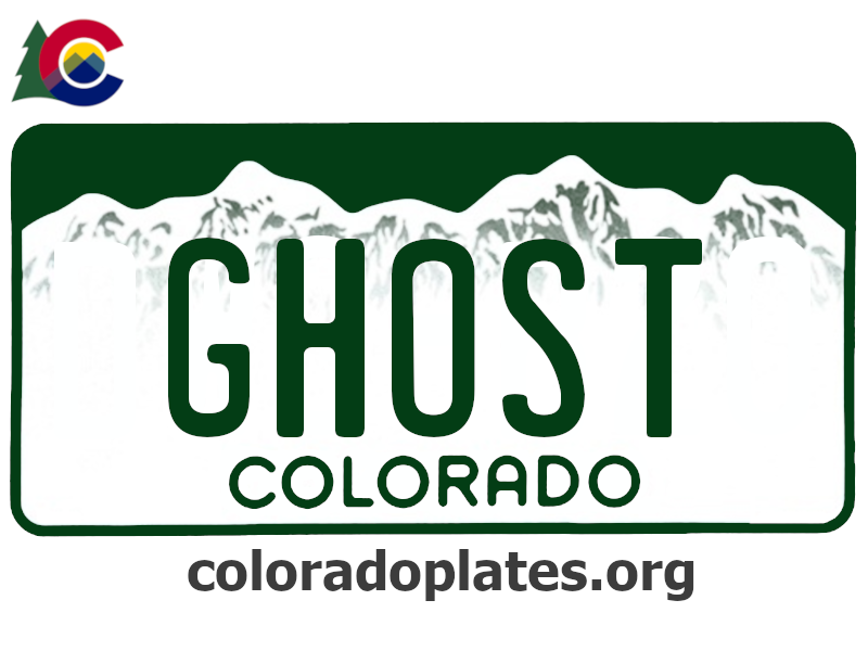 Colorado license plate with GHOST on it, the state logo is above the plate and the text coloradoplates.org is below. 