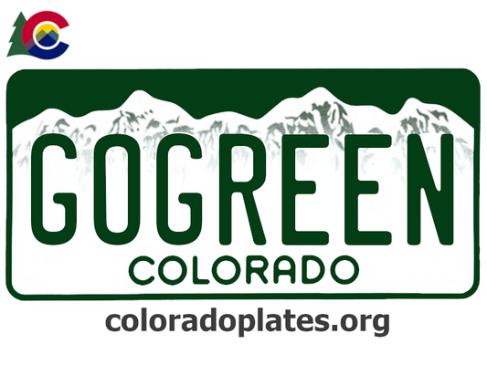Colorado license plate with the text GOGREEN along with the Colorado state logo and coloradoplates.org