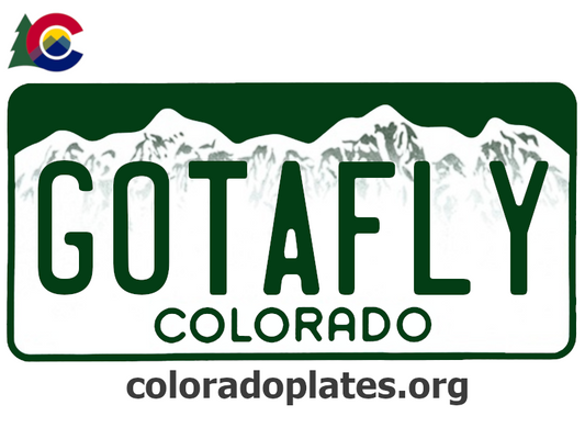 Colorado license plate with the text GOTAFLY along with the Colorado state logo and coloradoplates.org