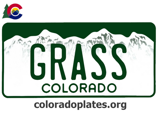 Colorado license plate with the text GRASS along with the Colorado state logo and coloradoplates.org
