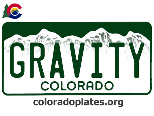 Colorado license plate with the text GRAVITY along with the Colorado state logo and coloradoplates.org