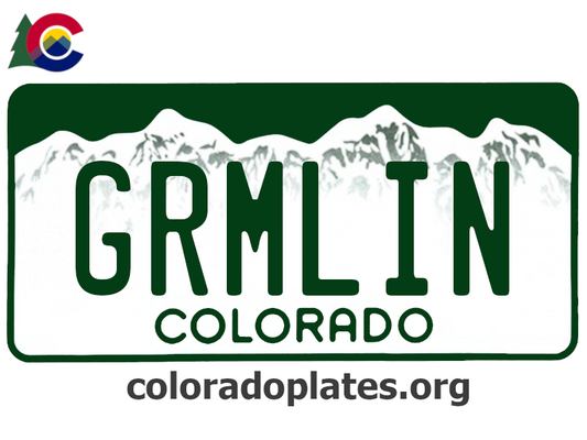 Colorado license plate with the text GRMLIN along with the Colorado state logo and coloradoplates.org