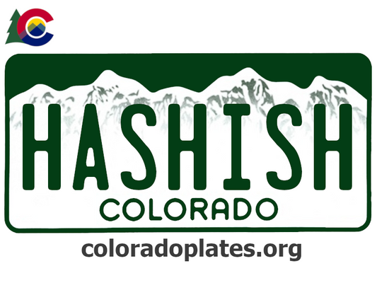 Colorado license plate with the text HASHISH along with the Colorado state logo and coloradoplates.org