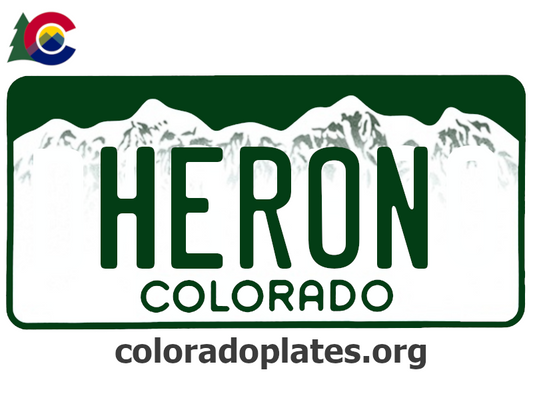 Colorado license plate with the text HERON along with the Colorado state logo and coloradoplates.org