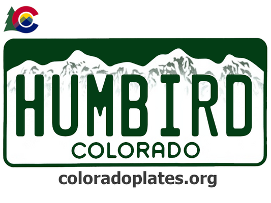 Colorado license plate with the text HUMBIRD along with the Colorado state logo and coloradoplates.org