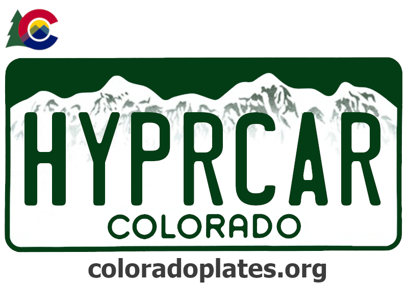 Colorado license plate with HYPRCAR on it, the state logo is above the plate and the text coloradoplates.org is below. 