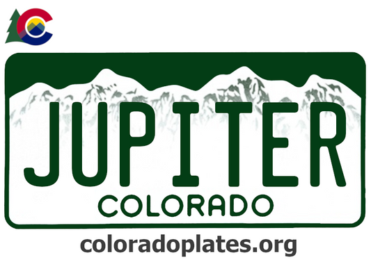 Colorado license plate with the text JUPITER along with the Colorado state logo and coloradoplates.org