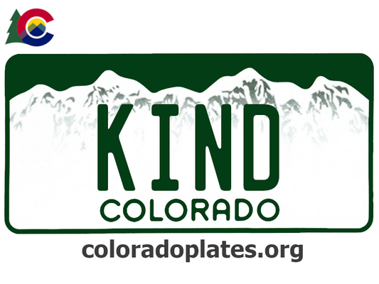 Colorado license plate with the text KIND along with the Colorado state logo and coloradoplates.org