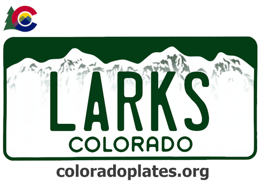Colorado license plate with the text LARKS along with the Colorado state logo and coloradoplates.org