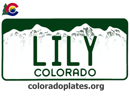 Colorado license plate with the text LILY along with the Colorado state logo and coloradoplates.org