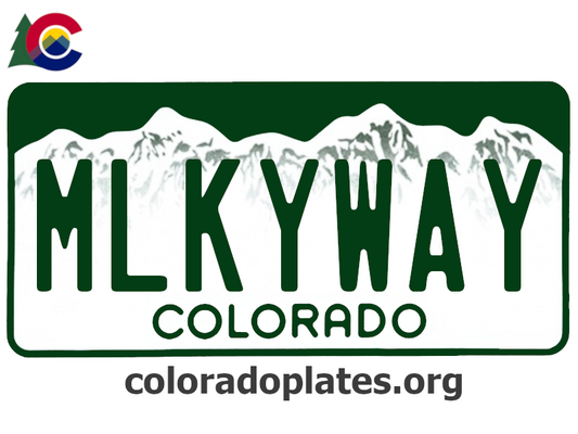 Colorado license plate with the text MLKYWAY along with the Colorado state logo and coloradoplates.org