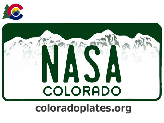 Colorado license plate with the text NASA along with the Colorado state logo and coloradoplates.org
